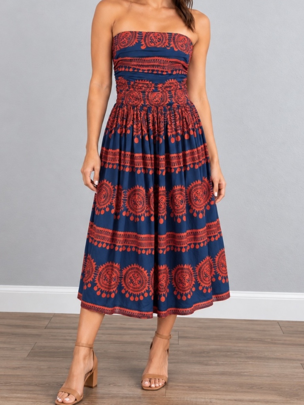 Girls From Savoy Navy Orange Strapless Ruched Boho Midi Dress Small